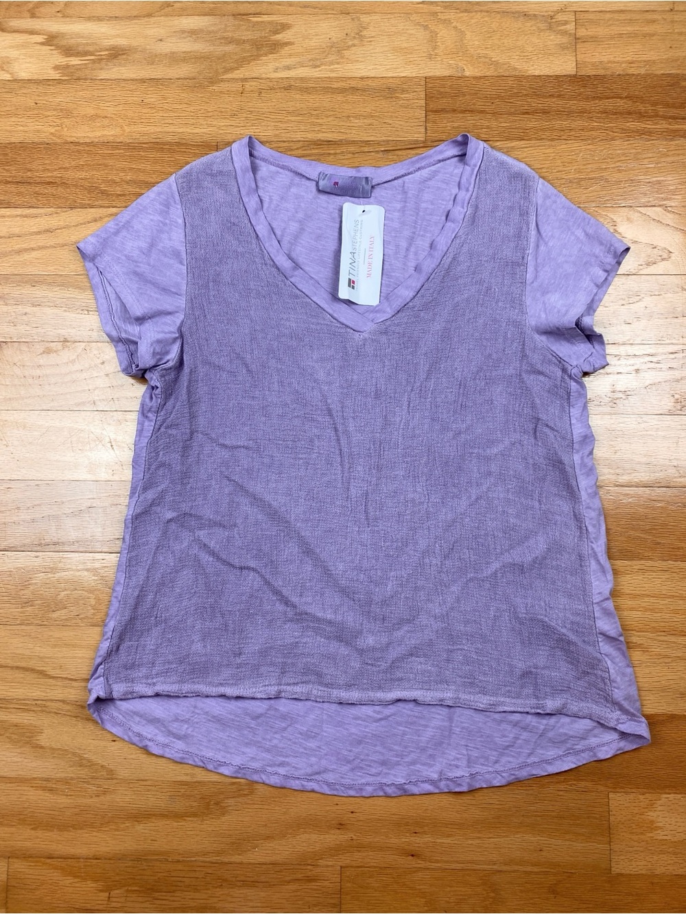 Tina Stephens V Neck Shirt Top Womens S/M Purple Linen Blend Italy Slub